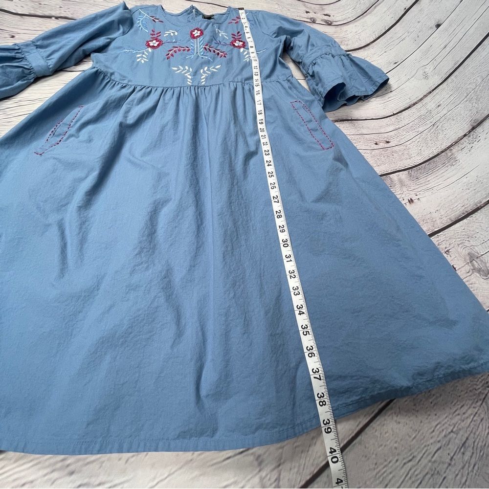 MYX Fusionwear blue boho embroidered cotton dress bell sleeves pockets, size L - Picture 12 of 14